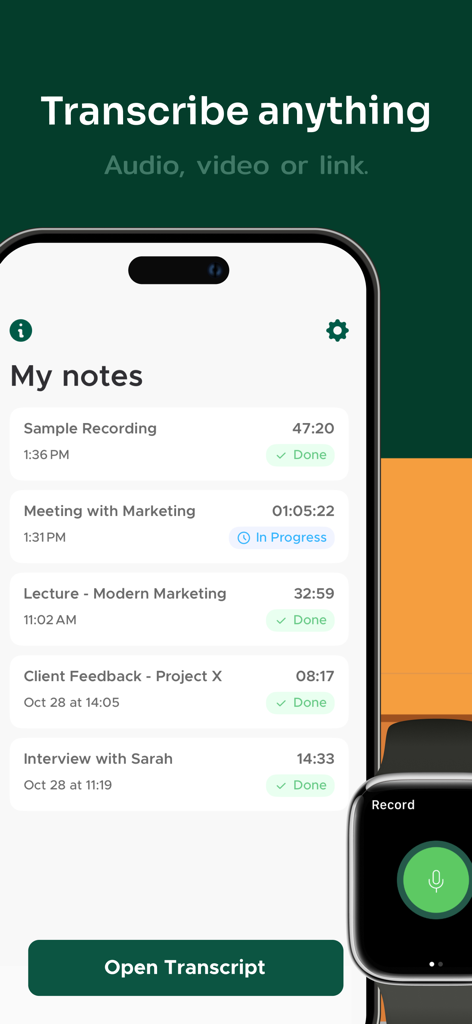 Transcribe Audio to Text Notes - La interfaz de la aplicación Transcribe Audio to Text Notes en un iPhone que muestra una lista de notas grabadas junto a un Apple Watch.