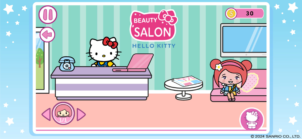 Hello Kitty: Beauty Salon - ハローキティがサロンの受付カウンターの後ろに立っており、キャラクターがピンクの待合ソファに座っている。