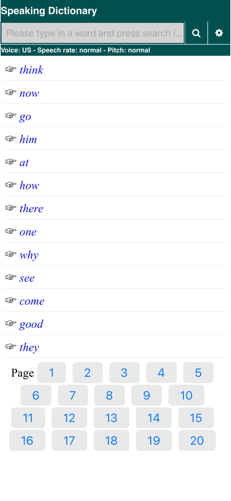 Speaking Dictionary - Interface of the Speaking Dictionary app showing a list of common English words with pronunciation options