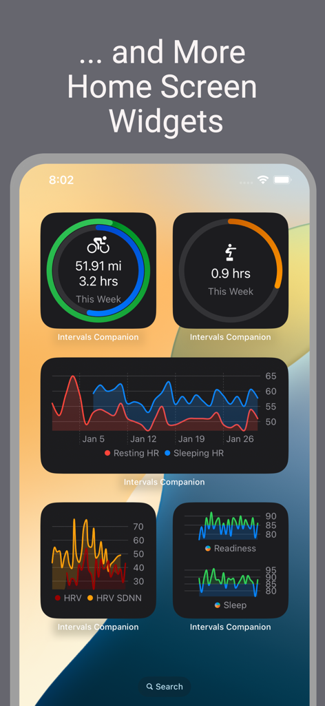 Varios widgets de pantalla de inicio de iOS que muestran objetivos de ciclismo, frecuencia cardíaca y datos vitales de salud