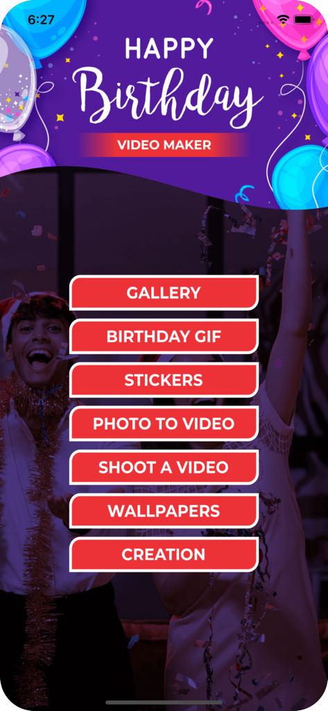 Happy Birthday Video Maker - Menú principal de la aplicación Happy Birthday Video Maker con opciones para fotos a video y GIFs de cumpleaños