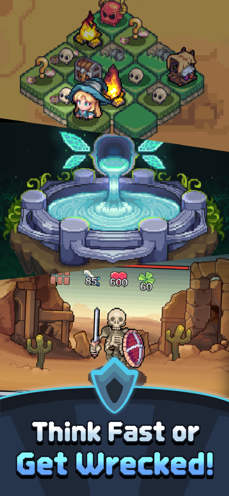 Spin Break: Roulette Battle - Vibrant pixel art montage showing a map exploration scene a glowing fountain and a desert skeleton battle