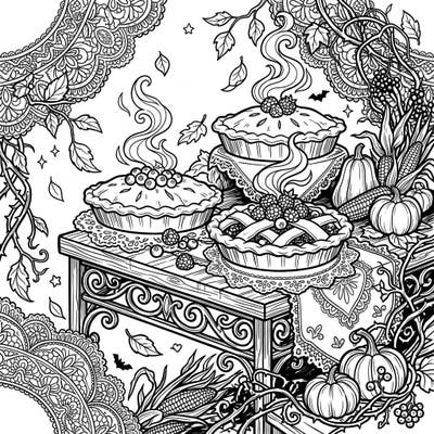 This intricate coloring page combines the cozy charm of autumn berry pies with a dramatic gothic aesthetic. Dive into a world of detailed lace, falling leaves, and delicious treats, perfect for an engaging coloring experience.