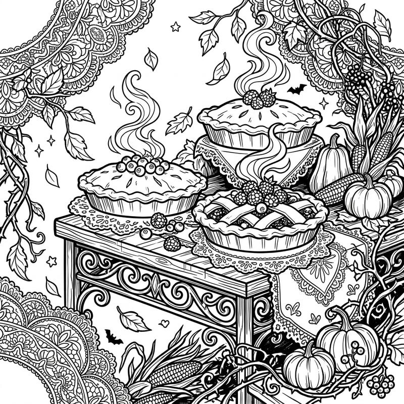 This intricate coloring page combines the cozy charm of autumn berry pies with a dramatic gothic aesthetic. Dive into a world of detailed lace, falling leaves, and delicious treats, perfect for an engaging coloring experience.