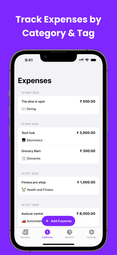 Smart Receipts Receipt Tracker - Die Benutzeroberfläche der Smart Receipts-App zeigt eine Liste der verfolgten Ausgaben, organisiert nach Kategorien und Tags.