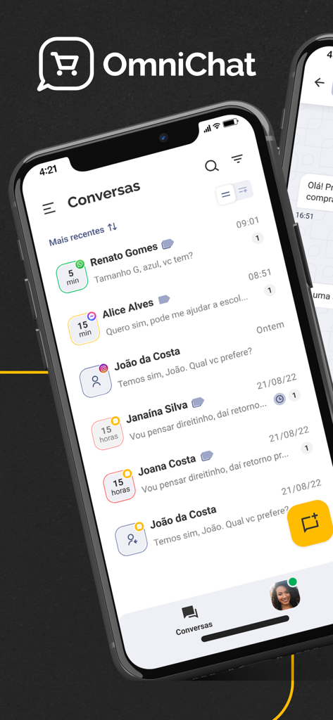 OmniApp - OmniApp mobile interface displaying a list of customer conversations from multiple chat channels