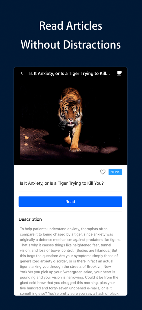 Yealico - Yealico App-Screenshot, der eine saubere Oberfläche zum Lesen von Nachrichtenartikeln ohne Ablenkungen zeigt