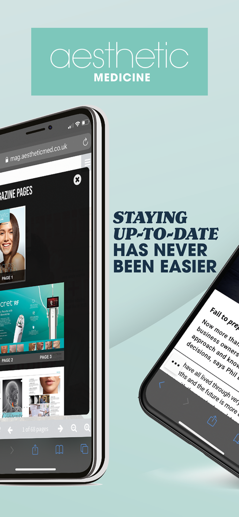 美容医療マガジン（Aesthetic Medicine Magazine）アプリが、臨床記事や業界の最新情報が掲載されたモバイルデバイスに表示されている様子