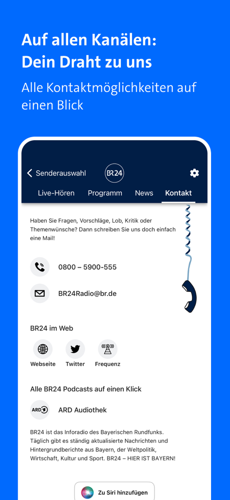Page de contact de l'application BR Radio avec numéro de téléphone, adresse e-mail et liens vers les réseaux sociaux pour BR24