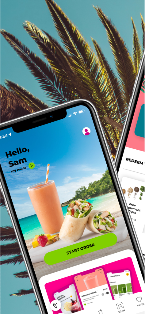 Tropical Smoothie Cafe app home screen on a smartphone showing a smoothie, wraps, and a start order button with a tropical background