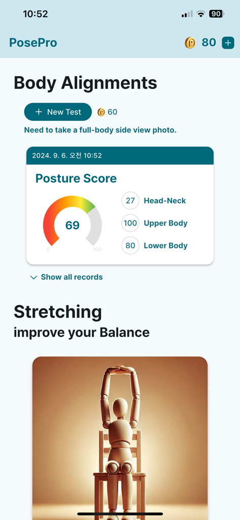 PosePro: Postural assessment - PosePro mobile app dashboard showing AI posture score and desk stretching suggestions