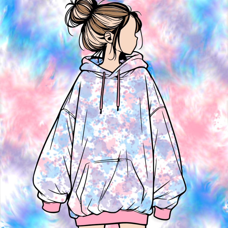 realistic girl with a oversized sweatshirt on and a bun