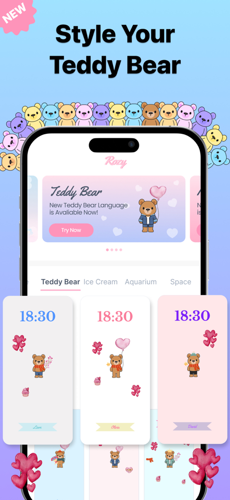 Flower Language - Rozy - Personalized teddy bear themed phone wallpapers and customization interface in the Rozy app.