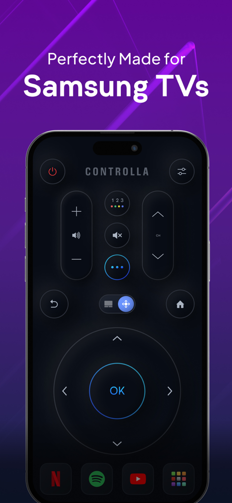 Écran de smartphone affichant l'interface de l'application Controlla pour télécommande TV Samsung Smart avec navigation du volume et raccourcis de streaming