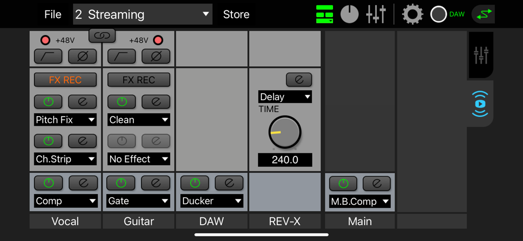 dspMixFx UR-C - Interface of the dspMixFx UR-C app showing the mixer with vocal guitar and DAW channels and various DSP effects