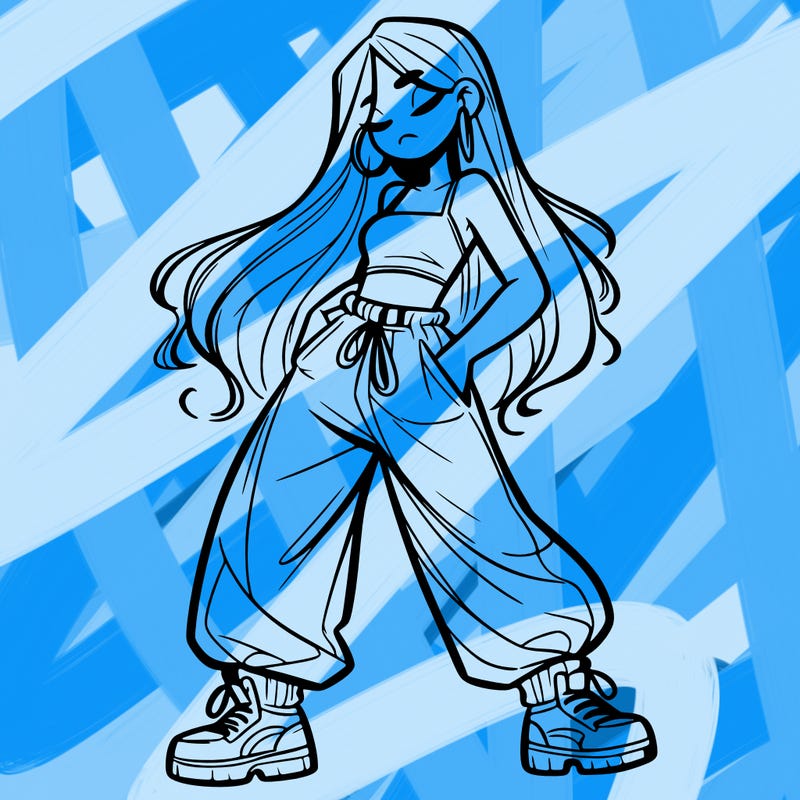girl in baggy pants crop top and long hair