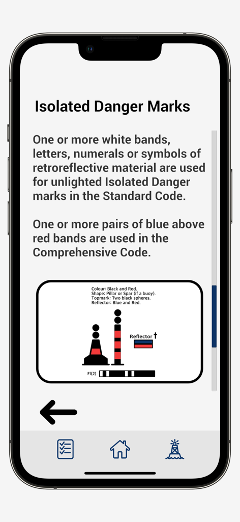 IALA System - Educational screen in the IALA System app describing Isolated Danger Marks with a technical illustration