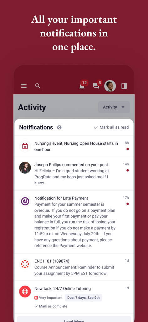 Mobile app interface showing a list of notifications including university events, student comments, and academic alerts