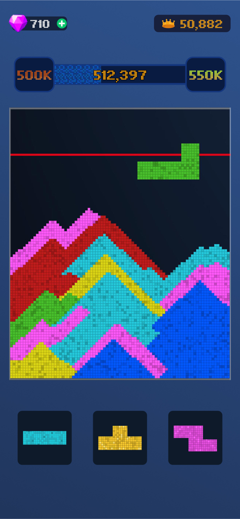Jogabilidade do Sand Blast Block Puzzle mostrando pilhas de areia colorida e blocos caindo