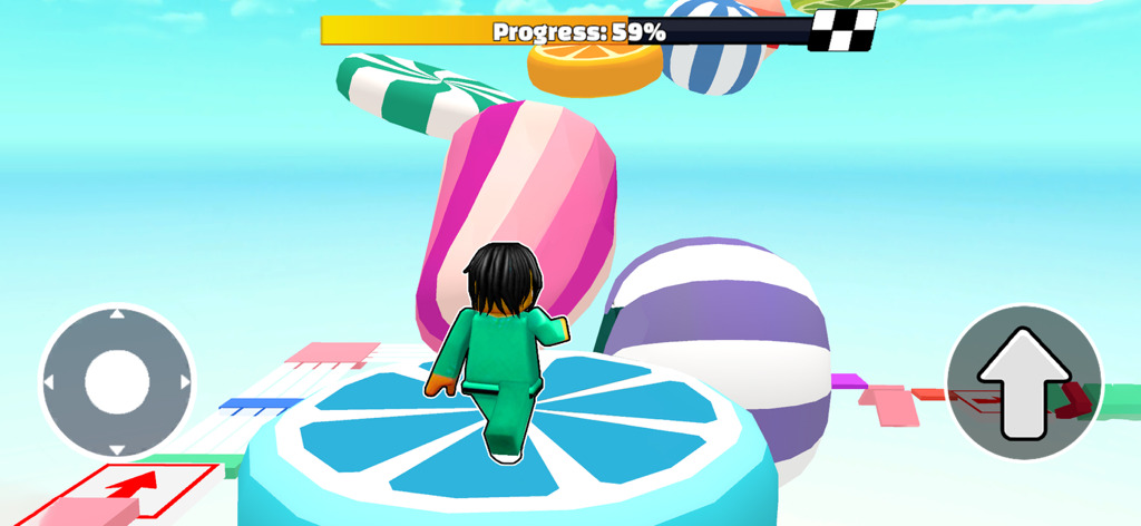 Prison Blox: Obby 3D Parkour - Un personaje 3D navegando por una pista de obstáculos con temática de dulces con dulces gigantes y plataformas de frutas.