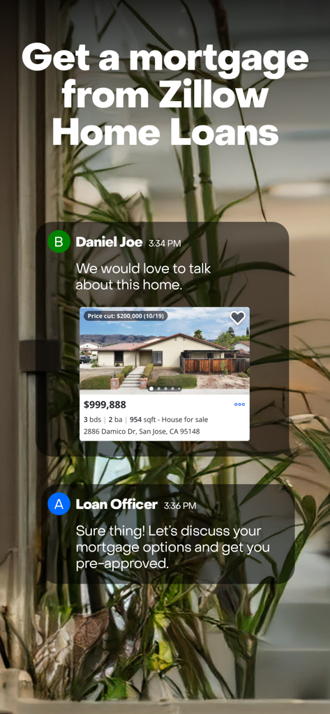 Zillow-App-Chat-Oberfläche zwischen einem Hauskäufer und einem Kreditberater, der Hypothekenoptionen und Vorabgenehmigung für eine Immobilienanzeige bespricht