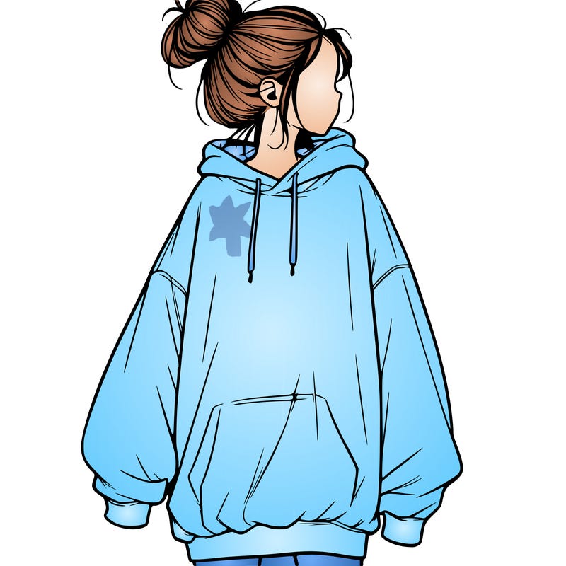 realistic girl with a oversized sweatshirt on and a bun