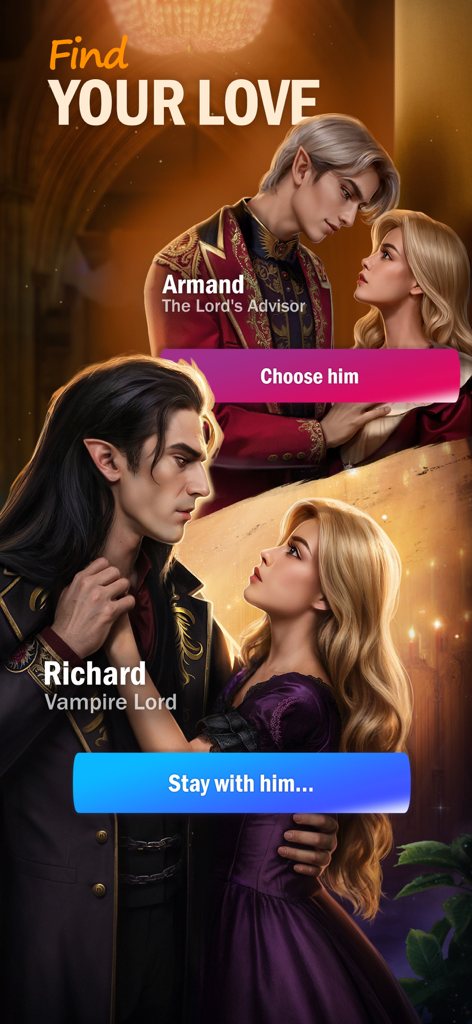 Senses - Choose Romance Story - センセス ロマンス ゲームのインターフェース。2人の恋愛対象、アドバイザーのアーマンドとヴァンパイアロードのリチャードの間で選択肢が表示される。
