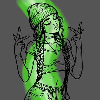 realistic teenage girl with braids and a beanie and crop top doing 🫶🏼