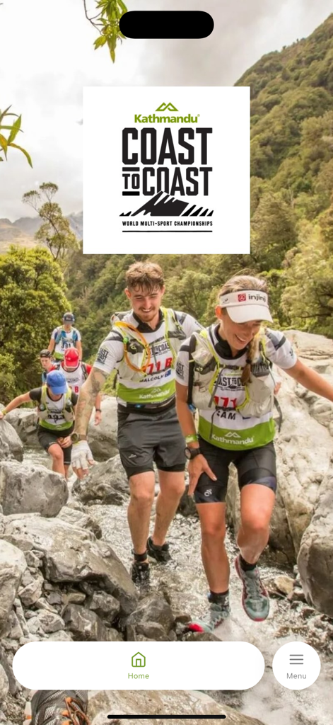 Kathmandu Coast to Coast - Home screen of the Kathmandu Coast to Coast app featuring athletes racing on a rocky mountain trail