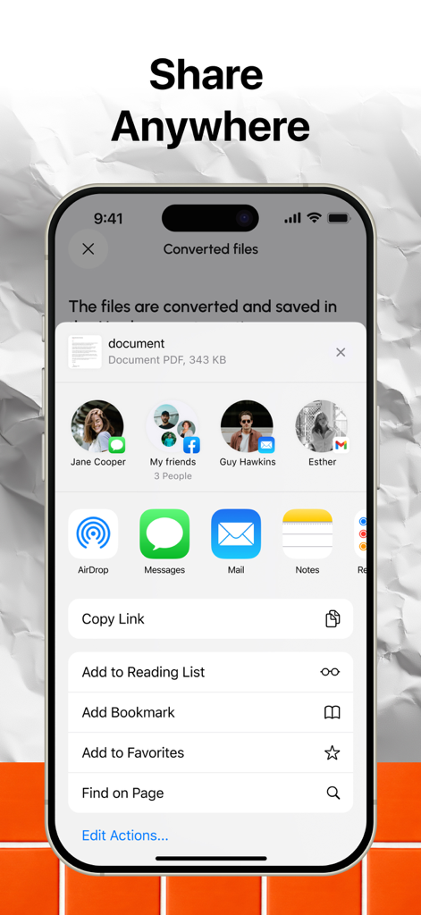 Lens Document Scan & Editor - Hoja de compartir de iOS en la aplicación Lens que muestra opciones para compartir un documento PDF a través de AirDrop, Mensajes y Correo