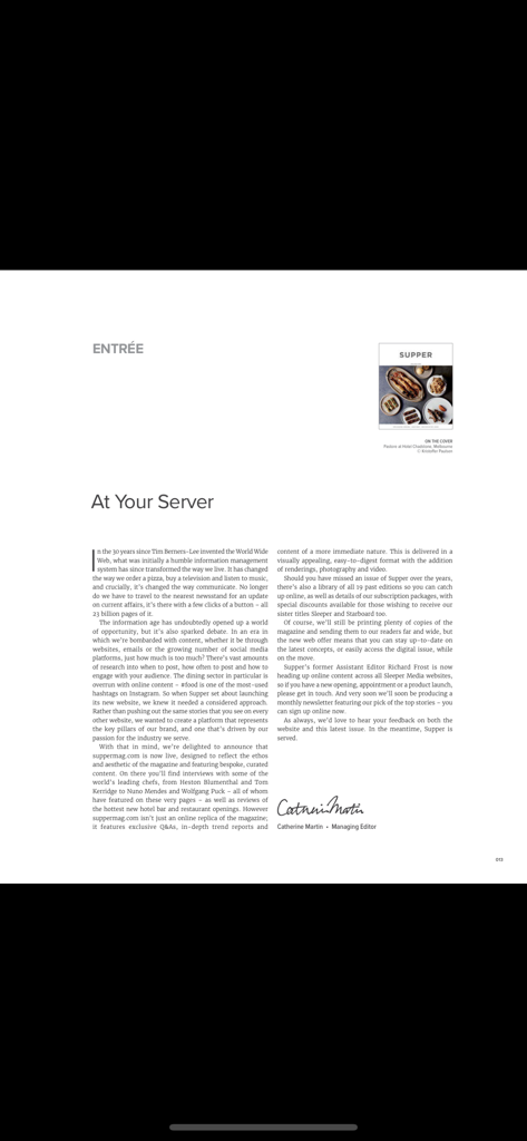 Supper Magazine - Digital magazine page from the Supper Magazine app featuring an editorial article titled Entree by Managing Editor Catherine Martin