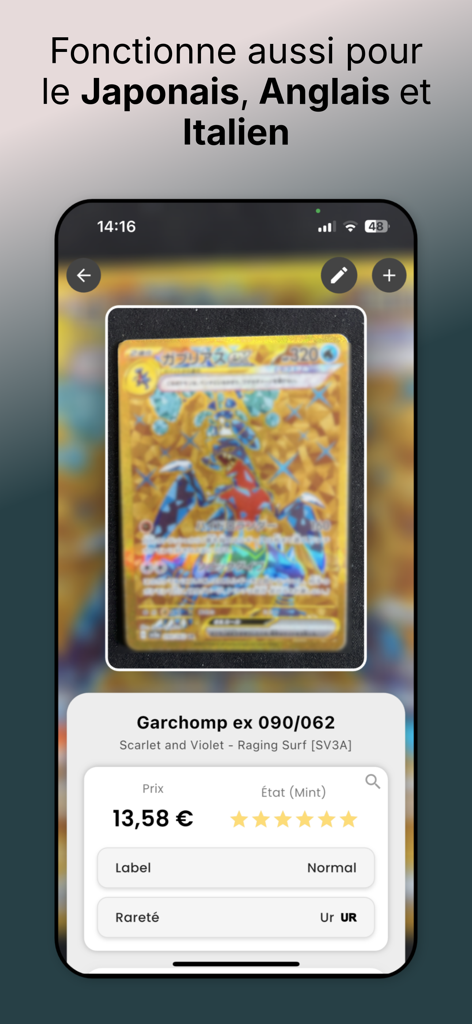 iEstims - Interfaz de la app móvil iEstims mostrando el valor de mercado y la rareza de una carta Pokémon japonesa Garchomp ex