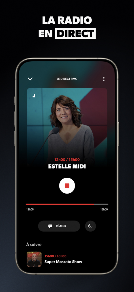 Interfaccia del lettore live dell'app mobile RMC Radio per lo spettacolo Estelle Midi