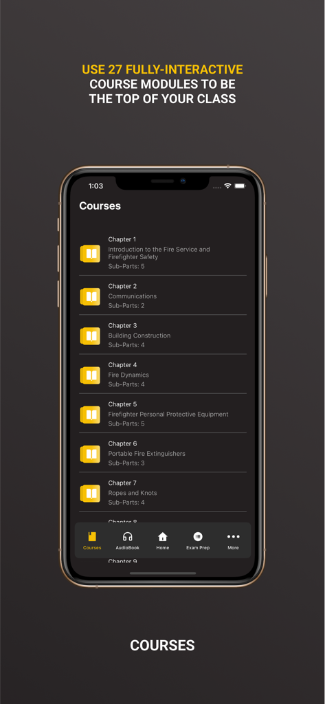 IFSTA Essentials 7 - Interactive course modules list in the IFSTA Essentials 7 app for firefighter training.
