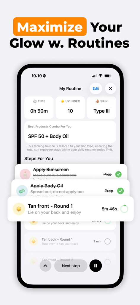 SunSafe app interface displaying a personalized tanning routine with skin type analysis and UV index tracking