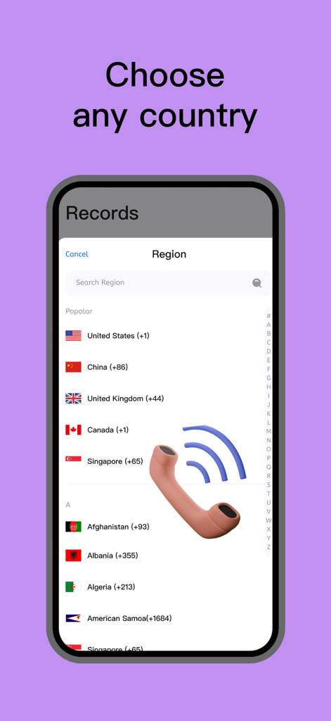 Skycaller:Unlimited Call&Text - Skycaller app screen showing a list of countries for selecting a virtual second phone number
