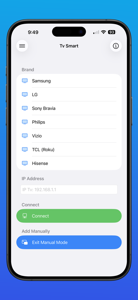 Smart TV Remote IP WIFI PRO - Smart TV remote app manual setup screen featuring a list of TV brands and an IP address entry field