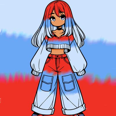 cute girl with straight hair in baggy jeans and a crop top and a sweater