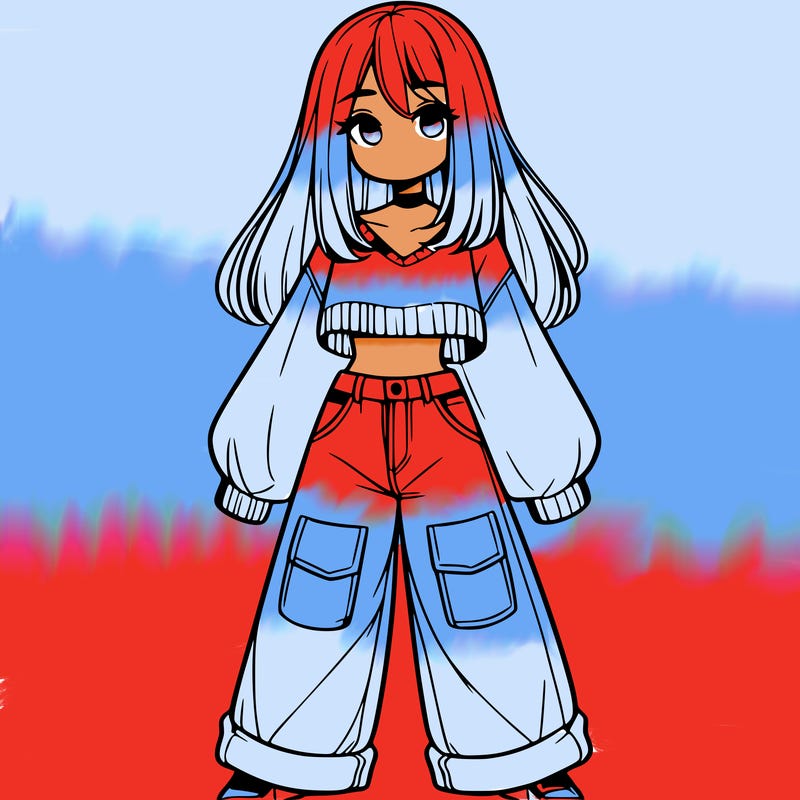 cute girl with straight hair in baggy jeans and a crop top and a sweater