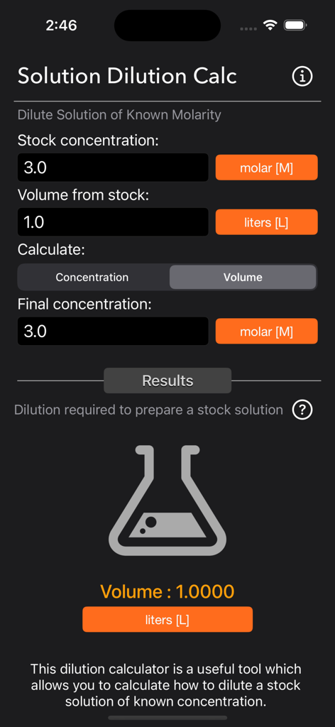 Solution Dilution Calculator - Interface de l'application Calculateur de Dilution de Solutions montrant les champs de saisie et les résultats des calculs de molarité et de volume