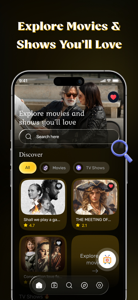 MovieBox Pro : Movie & TV Show - MovieBox Proアプリの発見画面。映画とテレビ番組のおすすめが表示されています。