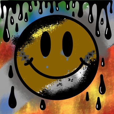 smiley face with drippy black and white background