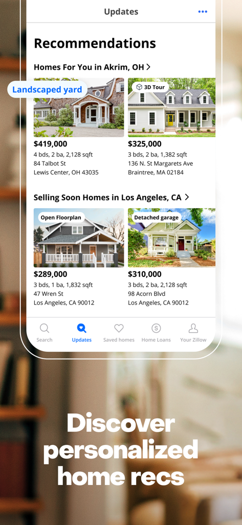 Zillow app screen displaying personalized real estate recommendations and listings