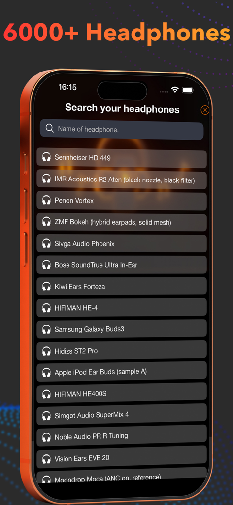 Musi EQ Player - Auto Music EQ - Search screen in Musi EQ Player showing a list of over 6000 supported headphone models for automatic equalizer presets.