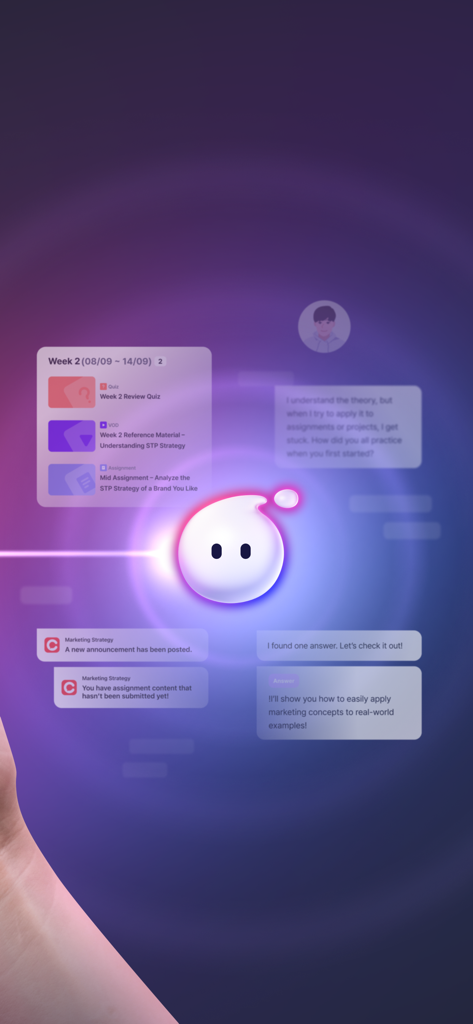 AIチューターのマスコットと、浮遊するコースの課題やチャット通知が表示されたCLASSUMアプリのインターフェース。