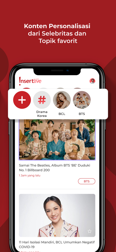 InsertLive app screenshot showing a personalized entertainment news feed featuring BTS and BCL.