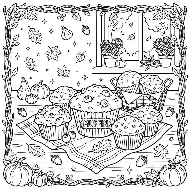 Get ready for a delicious coloring session with this charming autumn muffin scene! Kids will love bringing these fall treats and cozy harvest decorations to life with their favorite colors.