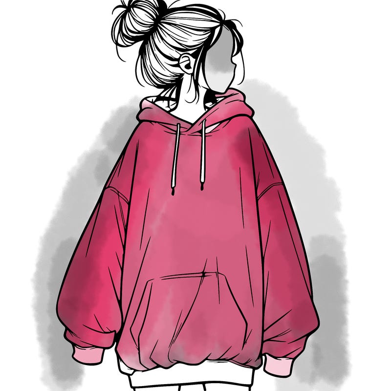 realistic girl with a oversized sweatshirt on and a bun