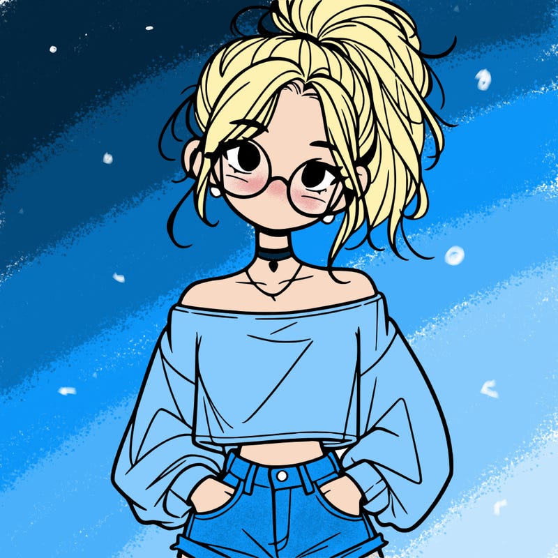 girl with a messy ponytail glasses a baggy crop top and jean shorts