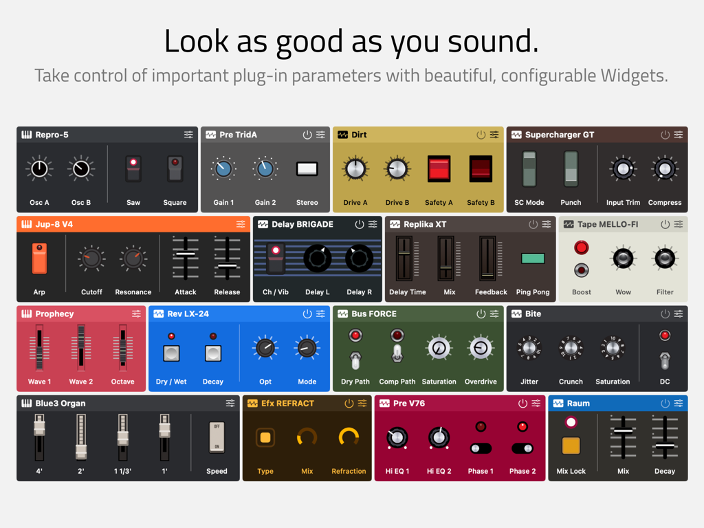 A grid showing various colorful and customizable audio plug-in widgets with knobs and sliders.